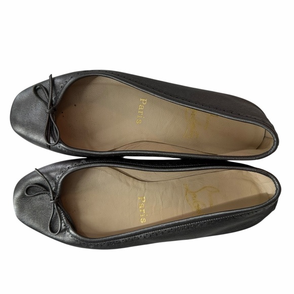 Christian Louboutin Ballerina Flats Black Leather Red Sole Bow Square Toe 34.5 - Picture 2 of 9